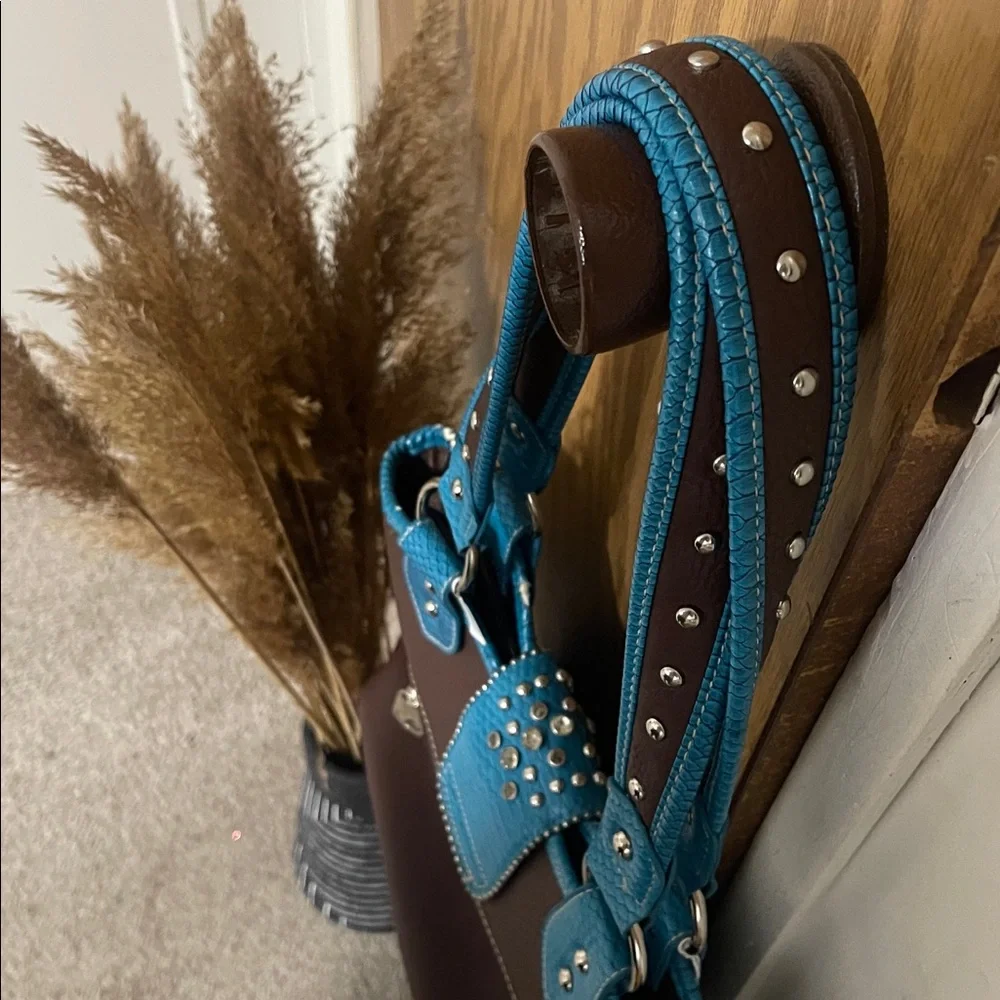 Brown and Blue Studded Women's Handbag - Picture 8 of 12